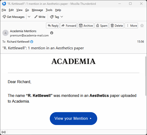 email saying 'The name “R. Kettlewell” was mentioned in an Aesthetics paper uploaded to Academia'